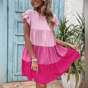 EUC SHEIN LUNE Color Block Flounce Sleeve Ruffle Hem Chiffon Smock Dress